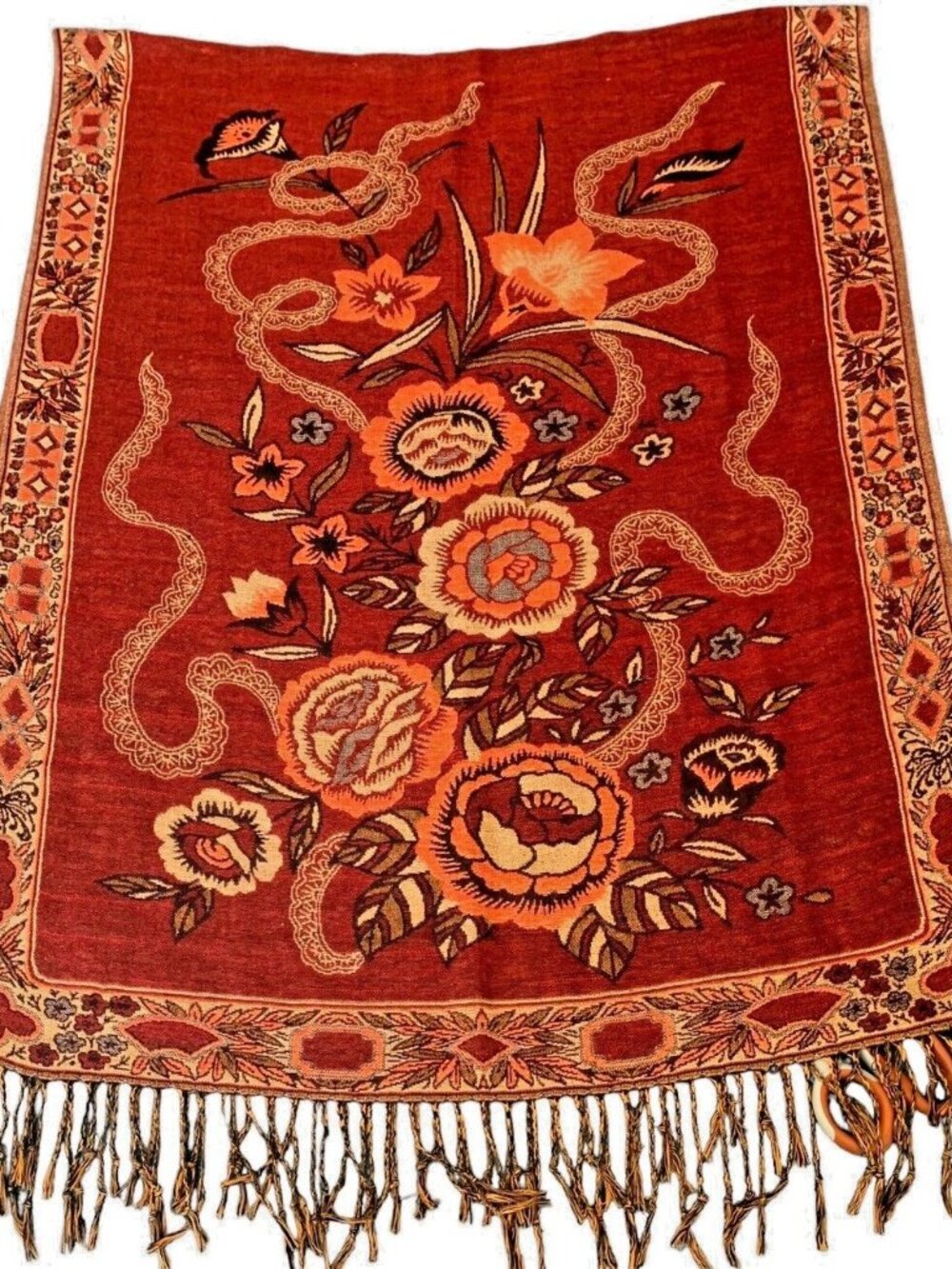 Vintage Asian Theme Large Reversible Fringed Orange Gold Brown Art Scarf Shawl